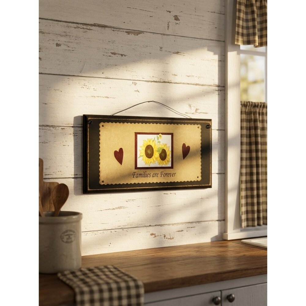 Rustic Hanging Wooden Plaque Sunflower & Heart Design "Families Are Forever" 10"